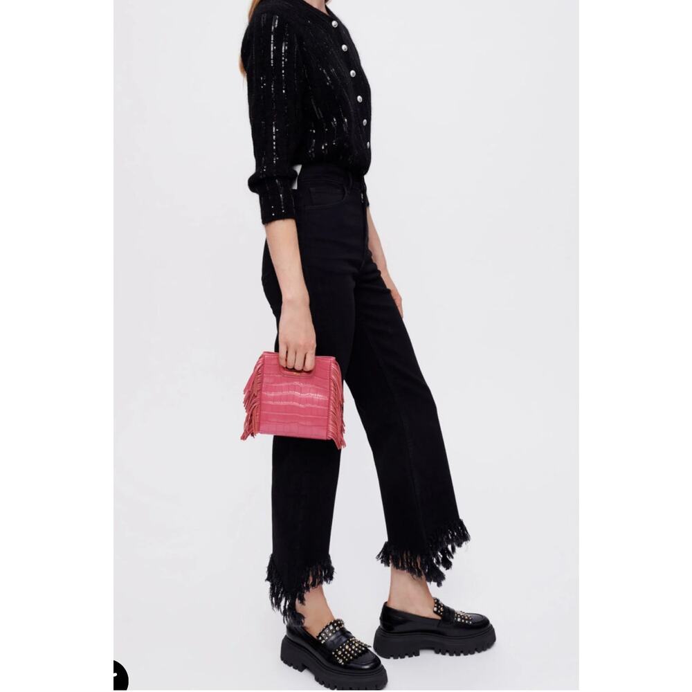 Maje Jeans Women 38 Black Excellent High Waisted Raw Hem Ankle Straight Leg